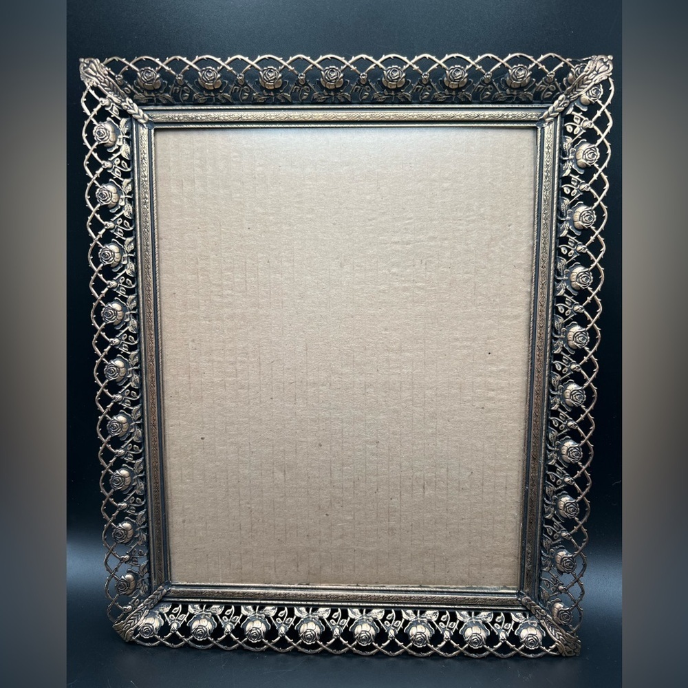 Vintage goldtone metal rose filigree picture frame 7”x9” MCM Ornate